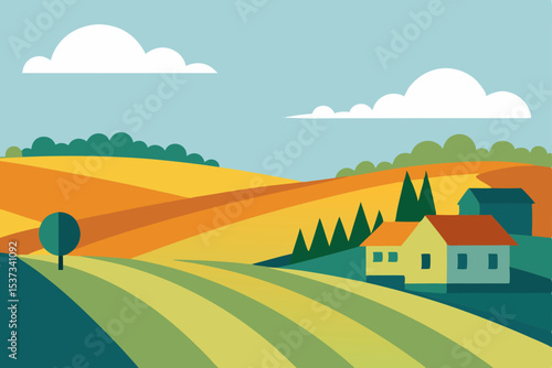 Serene Countryside Landscape Rolling Hills, Farmhouses, and Golden Fields