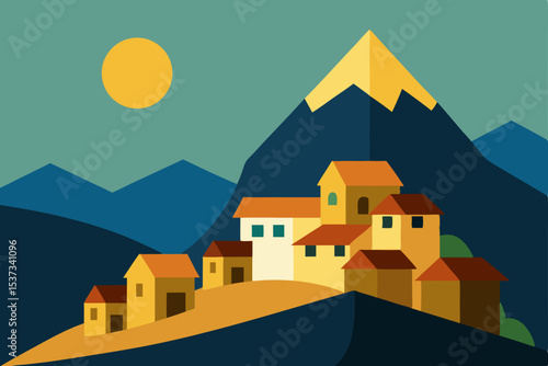 Mountain Village Sunset A Flat Design Landscape Illustration
