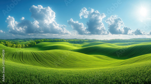 Emerald hills roll under a vibrant sky, dotted with fluffy white clouds
