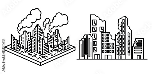 Distorted Isometric Ruined Cityscape Icon with Smoke Clouds and Collapsed Buildings