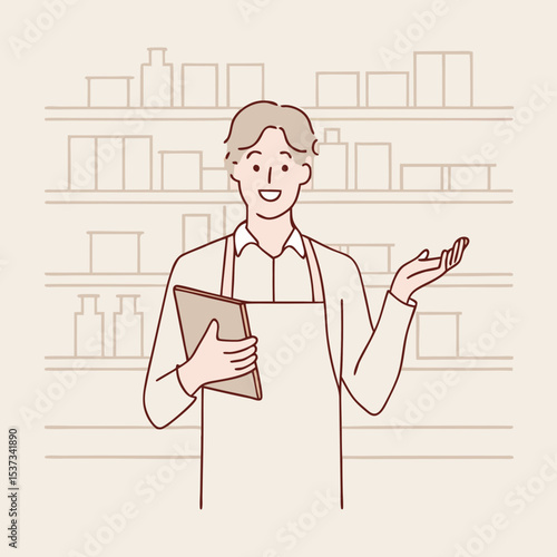 The clerk is holding the menu and giving recommendations at the cafe vector design illustrations
