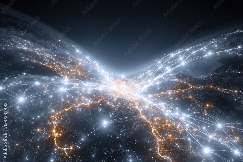 Obraz premium Aerial view of a city at night with illuminated roads. Urban light network and global connection concept. Background for technology.