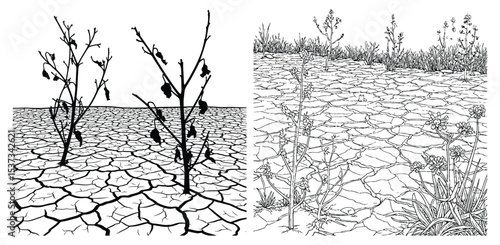Illustration Showing Arid Land with Cracks and Plants Line Art Style