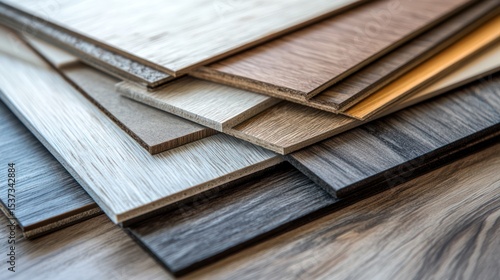 Stack of wood-like laminate flooring samples in varying shades of light and dark brown