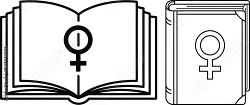 Open and Closed Book Outlines with Female Symbol for Empowerment and Knowledge