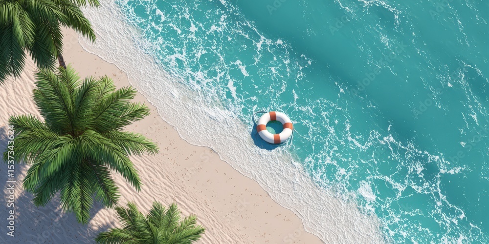Fototapeta premium Aerial View of Tropical Beach With Palm Trees and Lifebuoy, Representing Summer Vacation and Safety