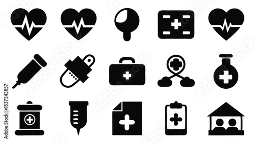 Black and white medical icon set representing healthcare and medical related services