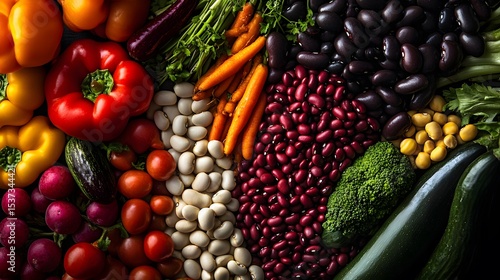 High-Resolution Artistic Image Showcasing a Colorful Arrangement of Pinto, Cranberry, Borlotti, and Crimson Beans Paired with Fresh Vegetables for a Vegetarian Feast