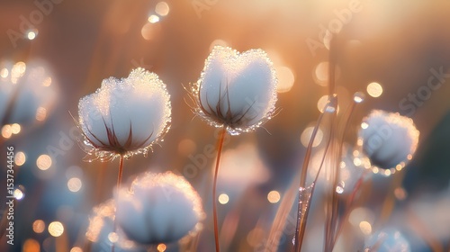 High-resolution detailed closeup of blooming cottongrass with dew drops and selective focus artistically showcasing fragile natural textures