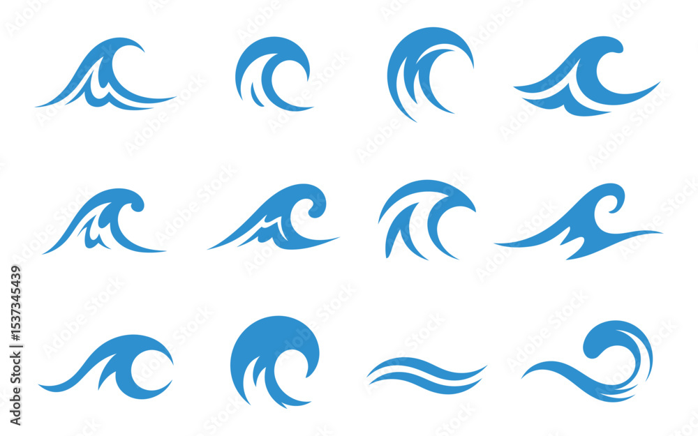 Fototapeta premium Collection of Twelve Blue Water Wave Icons on a White Background Representing Ocean Sea Surfing and Nautical Themes in a Clean and Minimalist