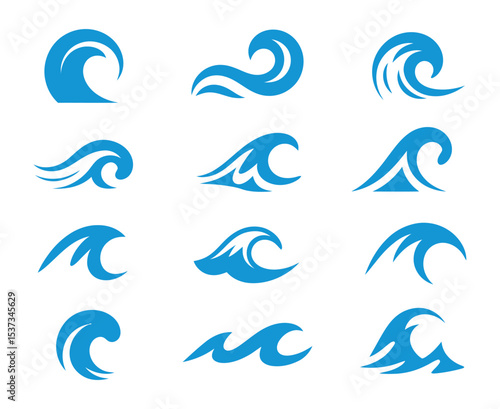 Collection of Twelve Blue Wave Icons on a White Background Representing Ocean Water Sea Surfing Nature and Aquatic Themes for Graphic Design and