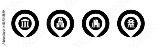 Public building and Pin icon set illustration vector. Courthouse, Hospital, Police Station, Fire Station, with location sign and symbol.