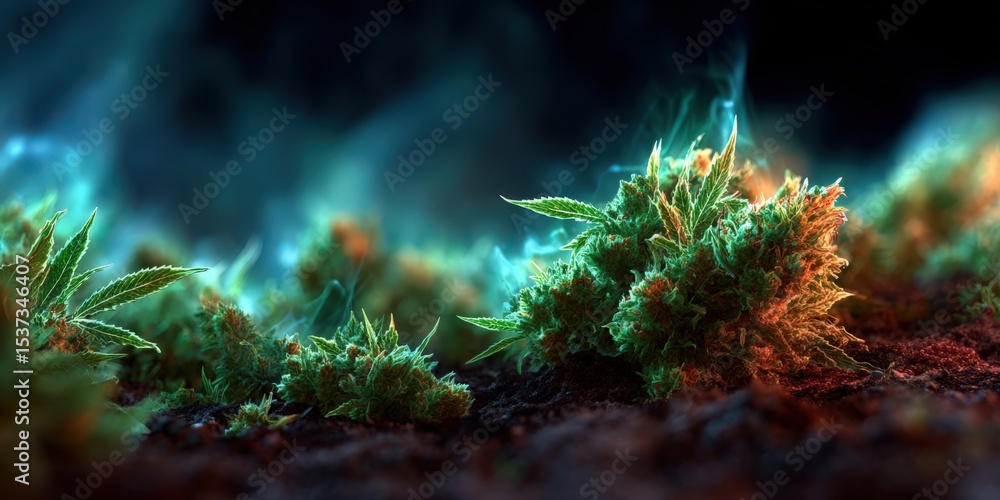 Obraz premium Lush Cannabis Plants Growing in Dark Soil, Representing Natural Medicine and Alternative Therapies