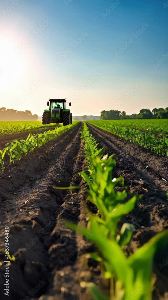 Young corn plants sprout in field with tractor, rural landscape under clear sky, early growth stage, cultivated soil Young corn plants sprout in field with tractor, rural landscape under clear sky, early growth stage, cultivated soil