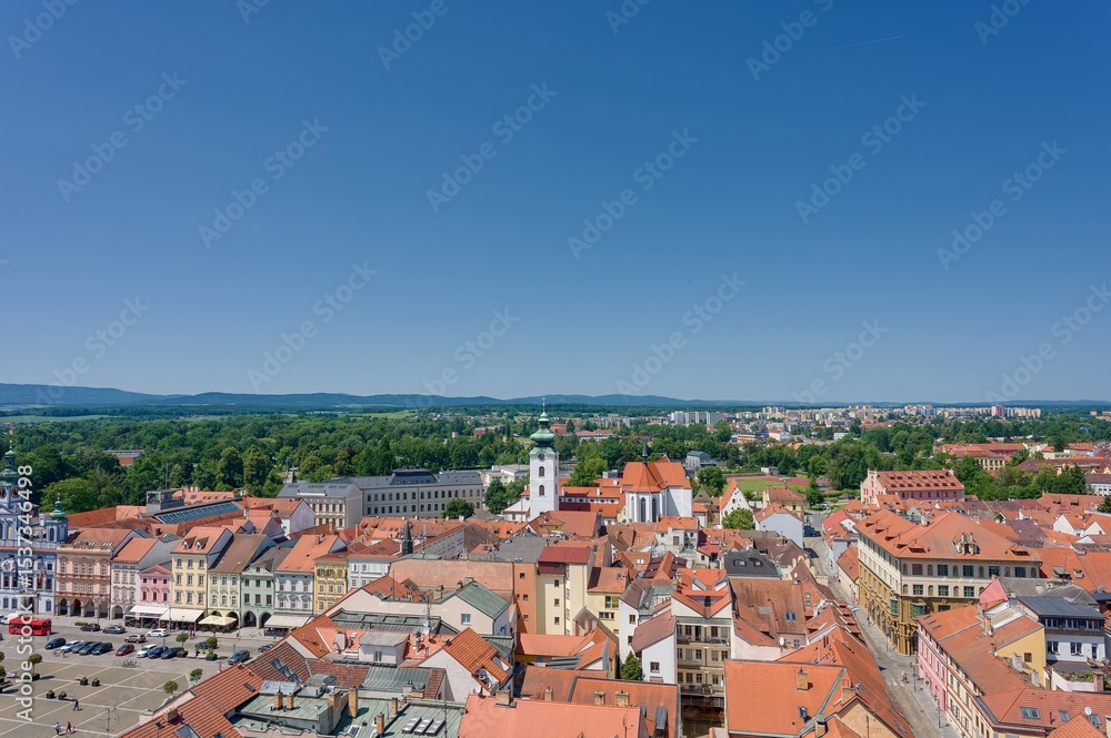View of České Budějovice from the Black Tower, sunny day in June View of České Budějovice from the Black Tower, sunny day in June