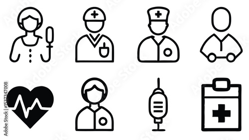 Simple outlined healthcare and medical icons depicting professions and essential elements