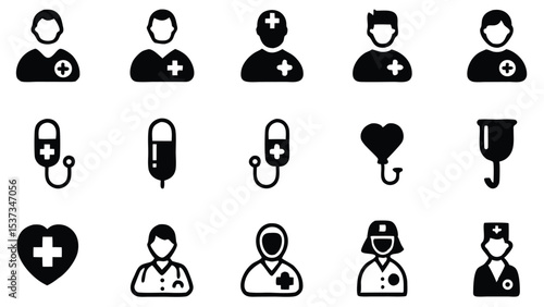 Simple vector icons representing medical professionals and healthcare related items in black and white