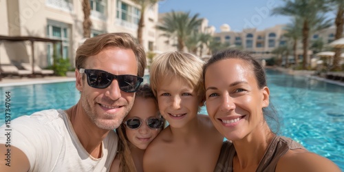 Wallpaper Mural Happy Family Taking Selfie Near Swimming Pool, Representing Vacation Joy and Togetherness Torontodigital.ca