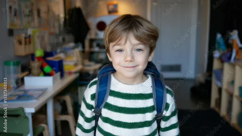 Portrait of happy preschool student wearing backpack and smiling, ready for school, early childhood education, child care, kindergarten, back to school concept Portrait of happy preschool student wearing backpack and smiling, ready for school, early childhood education, child care, kindergarten, back to school concept