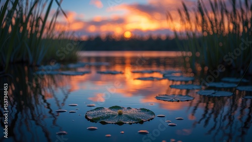Lily Pad Floating on Lake Water at Sunset with Sky Reflection