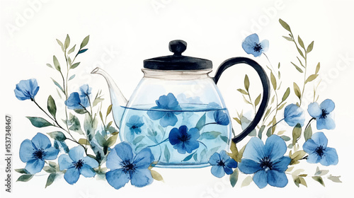 Vector illustration, hand drawn watercolor floral tea in glass teapot isolated on white background. Healthy floral drink
