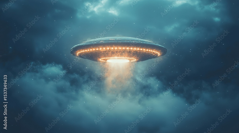 ufo : Mysterious UFO hovering amidst dark, cloudy skies with bright lights. AI-generated. ufo : Mysterious UFO hovering amidst dark, cloudy skies with bright lights. AI-generated.