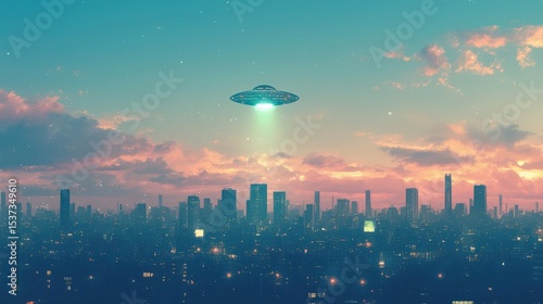 ufo : Futuristic skyline with a UFO hovering over a city at sunset. AI-generated.