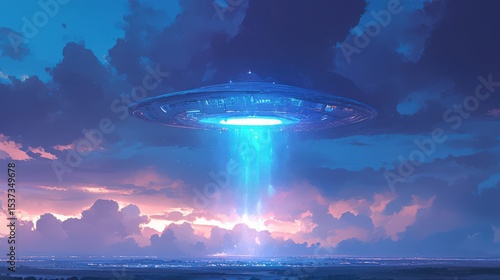 ufo : UFO descending from clouds with a vibrant sunset backdrop. AI-generated.