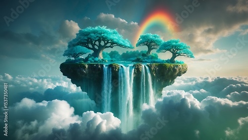 Floating Island with Waterfall and Trees Rainbow Landscape Above Clouds