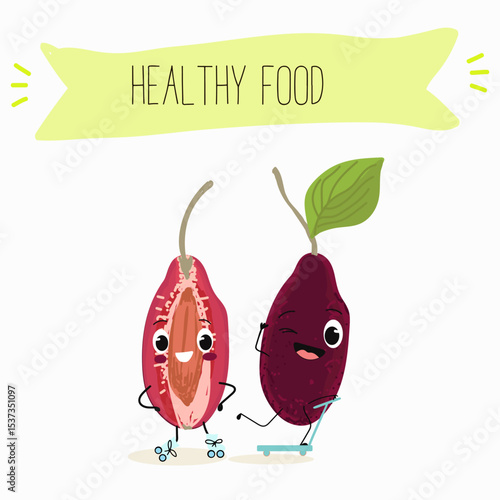 Cherry, fruit, dogwood, cornelian, cornus, characters. Vector hand drawn  illistration.