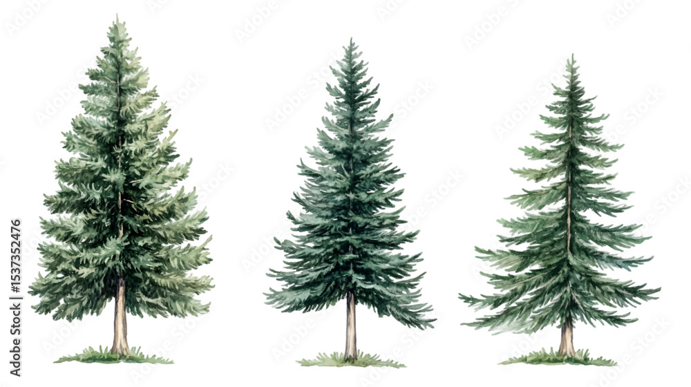 Fototapeta premium Watercolor Illustration of Three Evergreen Trees - Fir, Spruce, Pine - Growth Stages