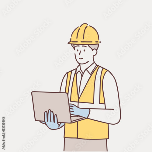 male engineer wearing a vest, glove, helmet for safe, He standing and smiling happily into the factory while his hand is holding the laptop  vector design illustrations