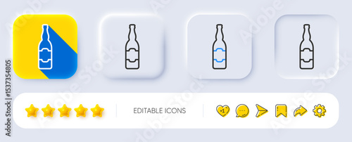 Beer bottle line icon. Neumorphic, Flat shadow, 3d buttons. Pub Craft beer sign. Brewery beverage symbol. Line beer bottle icon. Social media icons. Vector