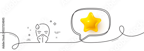 Sick man with medical mask line icon. Continuous line with 3d star. Safety respiratory mask sign. Coronavirus face protection symbol. 3d star in speech bubble. Sick man single line ribbon. Vector