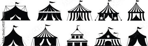 Festive Circus Tent Silhouettes with Flags and Stripes, Perfect for Carnival, Fair, Entertainment, and Event Theme Designs