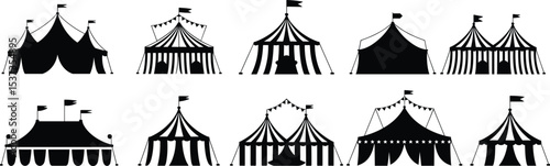 Festive Circus Tent Silhouettes with Flags and Stripes, Perfect for Carnival, Fair, Entertainment, and Event Theme Designs