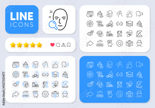 Cardio calendar, Electronic thermometer and Medical insurance line icons for web app. Message, Share, Like social media icons. Vector
