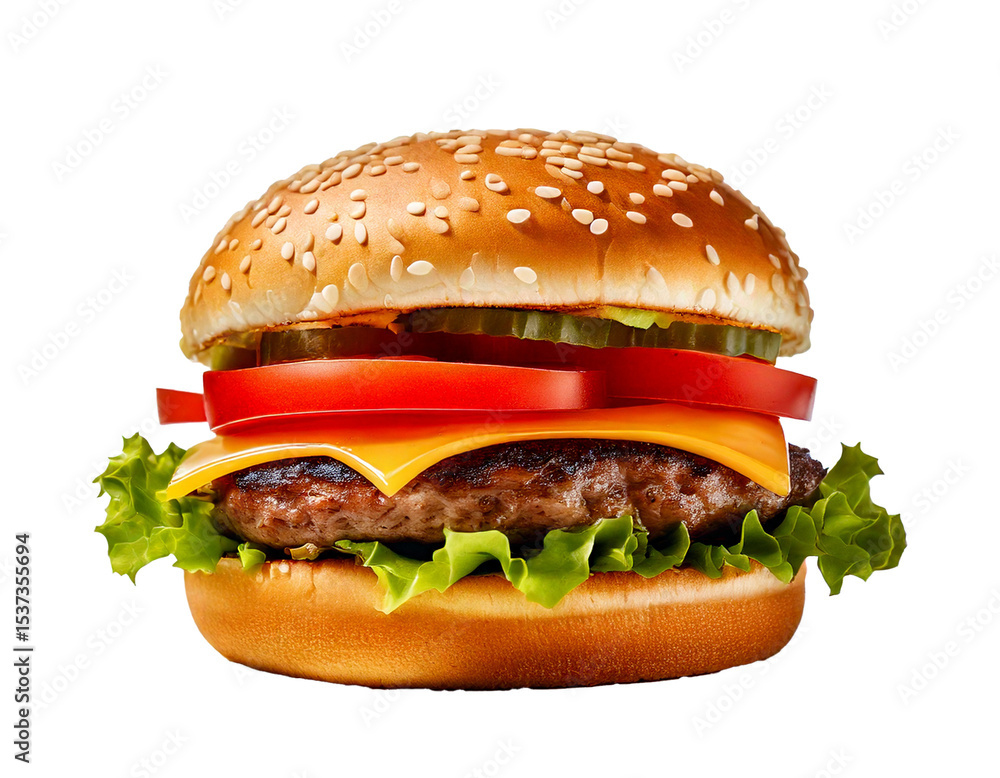 Isolated classic cheeseburger features a juicy beef patty, fresh lettuce, ripe tomato slices, and melted cheese, all stacked on a soft bun, set against a clean white background for clarity.
Isolated classic cheeseburger features a juicy beef patty, fresh lettuce, ripe tomato slices, and melted cheese, all stacked on a soft bun, set against a clean white background for clarity.