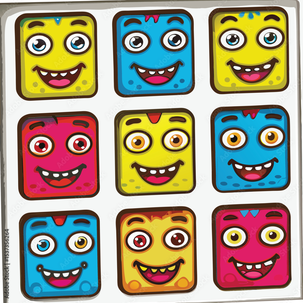 Colorful Cartoon Square Faces with Funny Expressions and Emotions Colorful Cartoon Square Faces with Funny Expressions and Emotions
