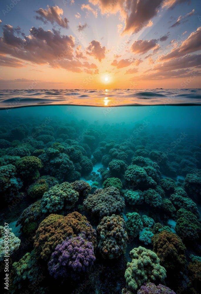 Sunset Over Split Coral Reef with Vibrant Marine Life and Colorful Sky Reflection Sunset Over Split Coral Reef with Vibrant Marine Life and Colorful Sky Reflection
