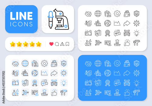 Winner ribbon, Instruction manual and Co2 line icons for web app. Message, Share, Like social media icons. Pack of Voicemail, Line chart, Ethics pictogram icons. Vector