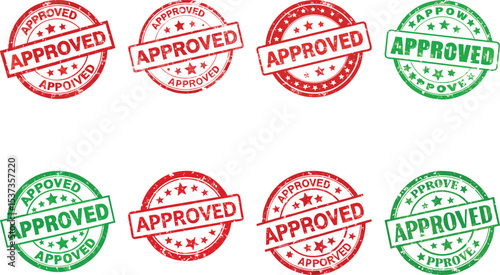 Set of Green and Red Approved Rubber Stamps Icons with Grunge Texture for Business and Official Use
