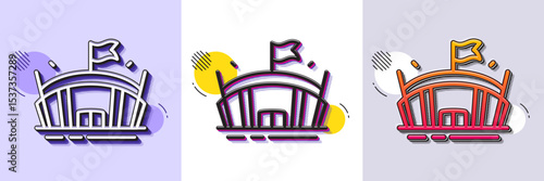 Sports stadium line icon. Halftone dotted pattern. Gradient icon with grain shadow. Arena with flag sign. Sport complex symbol. Line arena icon. Various designs. Vector