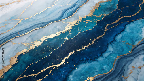 Luxurious Blue Marble with Golden Veins Abstract Art Opulent Stone Texture Resembling Minerals and Precious Gemstones Elegant and Modern Design