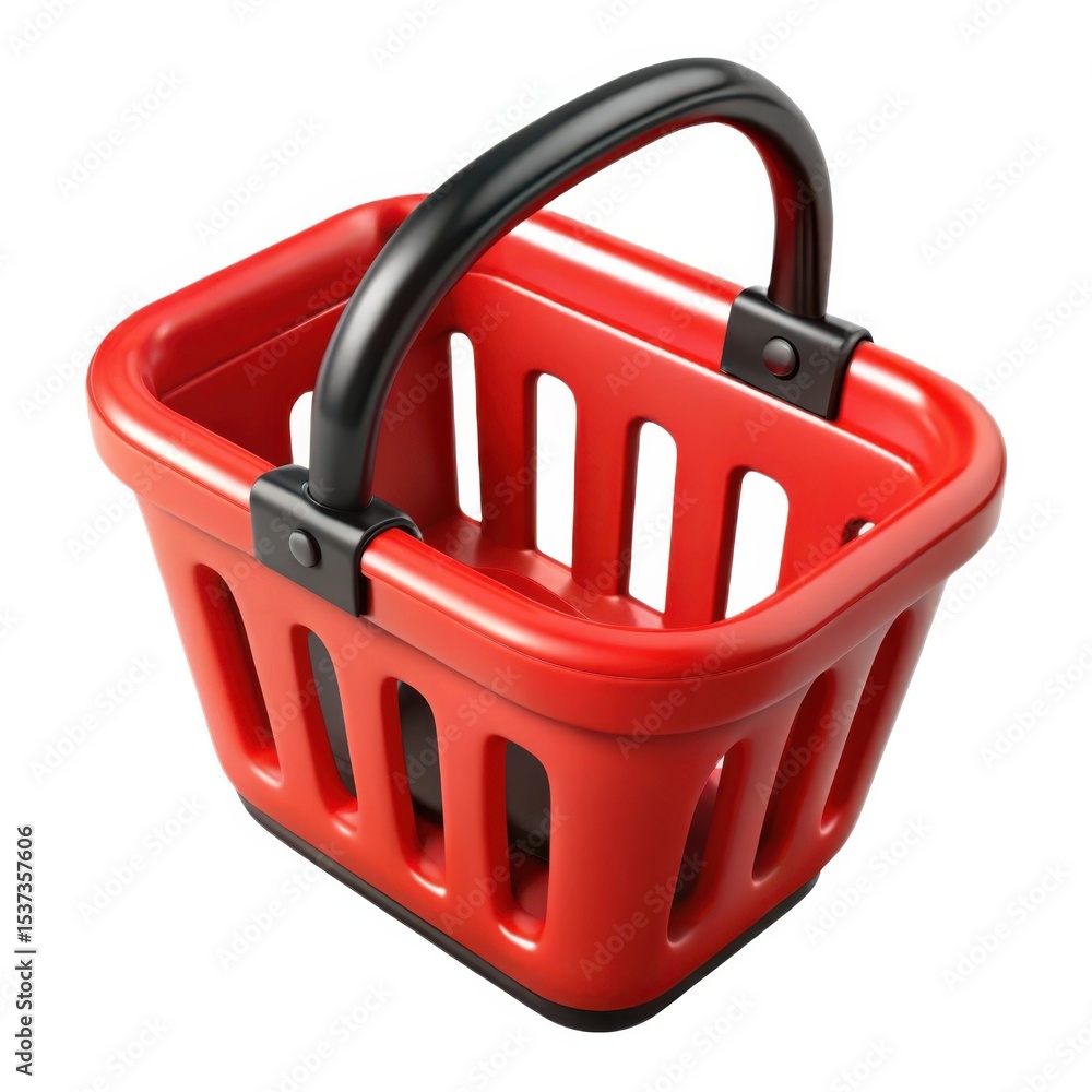 Fototapeta premium Red Plastic Shopping Basket Black Handle Empty shopping cart