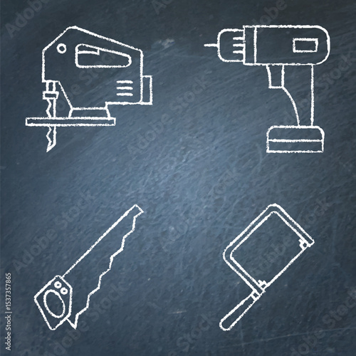 Woodwork tools chalkboard icon set
