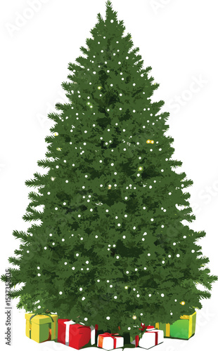 Decorated Christmas Tree with Gifts Illustration on a White Background