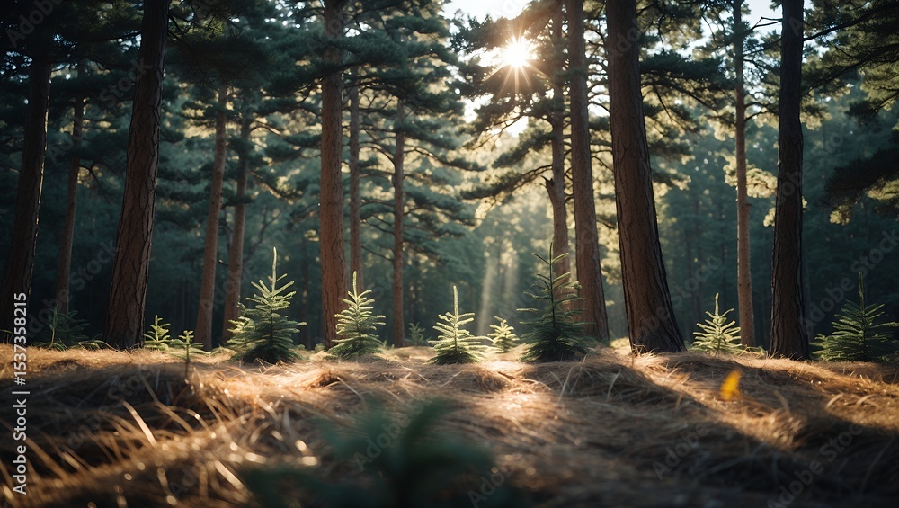 Obraz premium Sunlight Streaming Through Tall Pine Trees in a Dense Forest