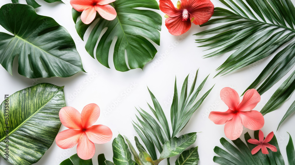 Different tropical leaves and flowers on white background, set Different tropical leaves and flowers on white background, set