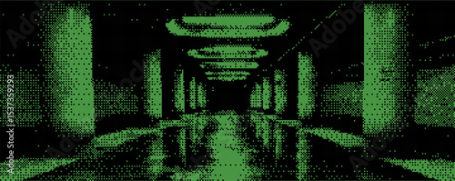 Digital art showcasing a retro-inspired green pixelated corridor emphasizing symmetry and depth in an underground setting